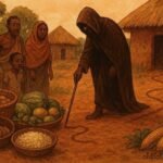 A mysterious figure investigating stolen food in a Central African village while villagers watch