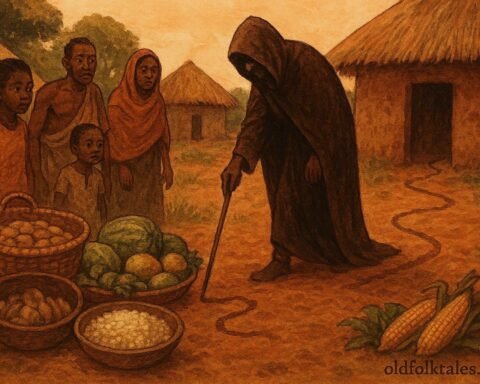 A mysterious figure investigating stolen food in a Central African village while villagers watch