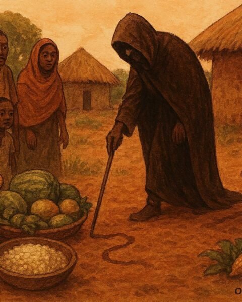 A mysterious figure investigating stolen food in a Central African village while villagers watch