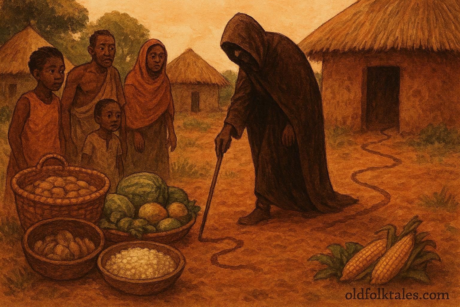 A mysterious figure investigating stolen food in a Central African village while villagers watch
