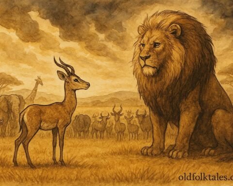 An illustration of antelope using wisdom to challenge lion king in Ugandan savannah.