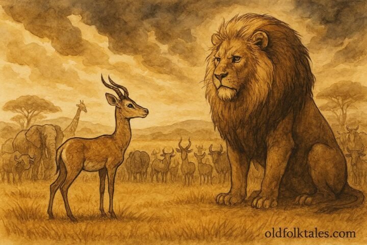 An illustration of antelope using wisdom to challenge lion king in Ugandan savannah.