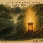 An illustration of sacred bamboo drum in Mauritian forest summoning rain over Black River region.