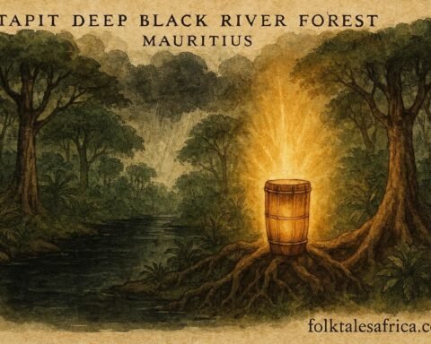 An illustration of sacred bamboo drum in Mauritian forest summoning rain over Black River region.