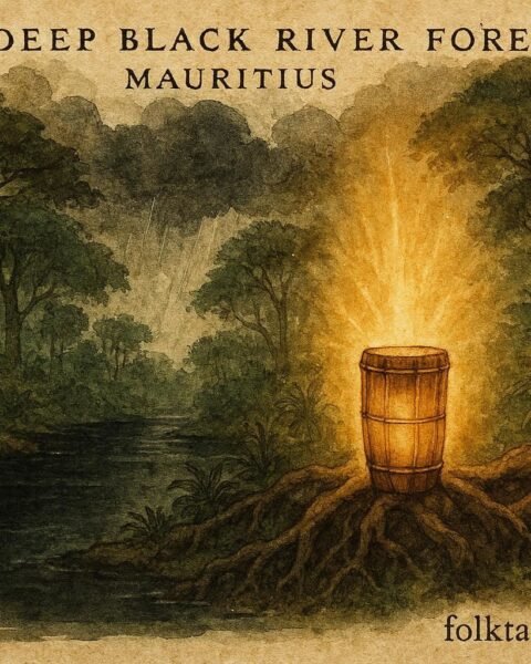 An illustration of sacred bamboo drum in Mauritian forest summoning rain over Black River region.