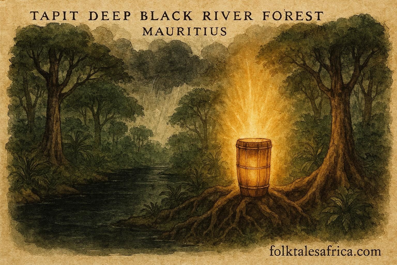 An illustration of sacred bamboo drum in Mauritian forest summoning rain over Black River region.