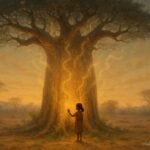 A girl touching baobab tree as it whispers ancestor names in Malagasy folktale.
