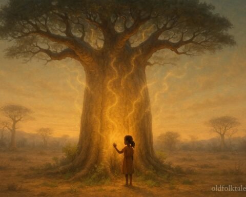 A girl touching baobab tree as it whispers ancestor names in Malagasy folktale.