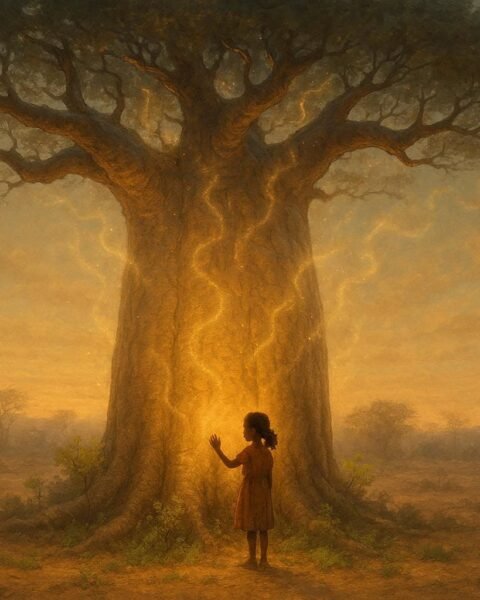 A girl touching baobab tree as it whispers ancestor names in Malagasy folktale.