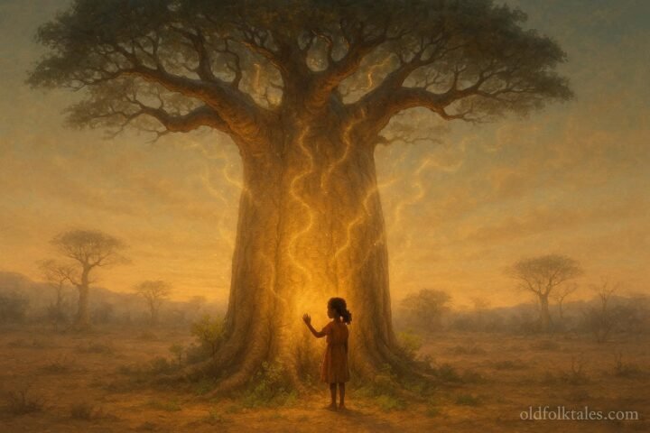 A girl touching baobab tree as it whispers ancestor names in Malagasy folktale.