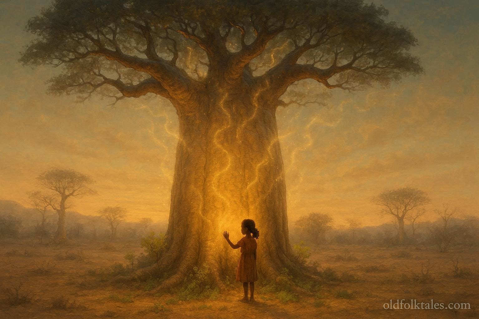 A girl touching baobab tree as it whispers ancestor names in Malagasy folktale.