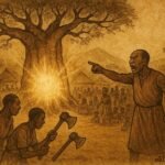A baobab tree speaking to villagers exposing corrupt leader, Gbaya folktale scene.