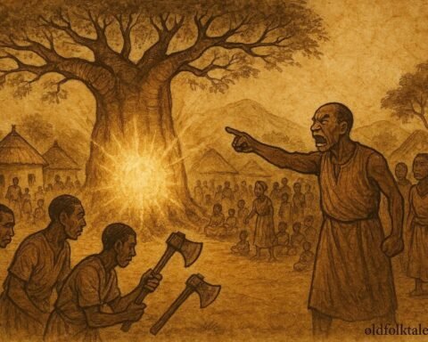 A baobab tree speaking to villagers exposing corrupt leader, Gbaya folktale scene.