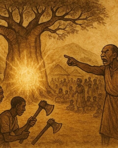 A baobab tree speaking to villagers exposing corrupt leader, Gbaya folktale scene.