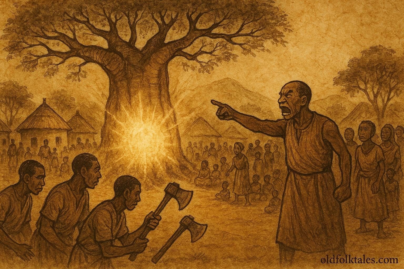 A baobab tree speaking to villagers exposing corrupt leader, Gbaya folktale scene.