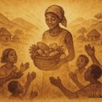 An illustration of magical basket of food shared among Burundian villagers.
