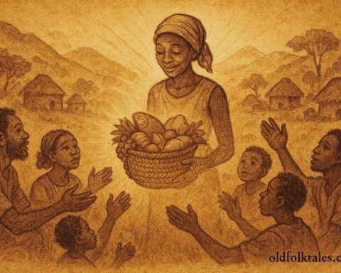 An illustration of magical basket of food shared among Burundian villagers.