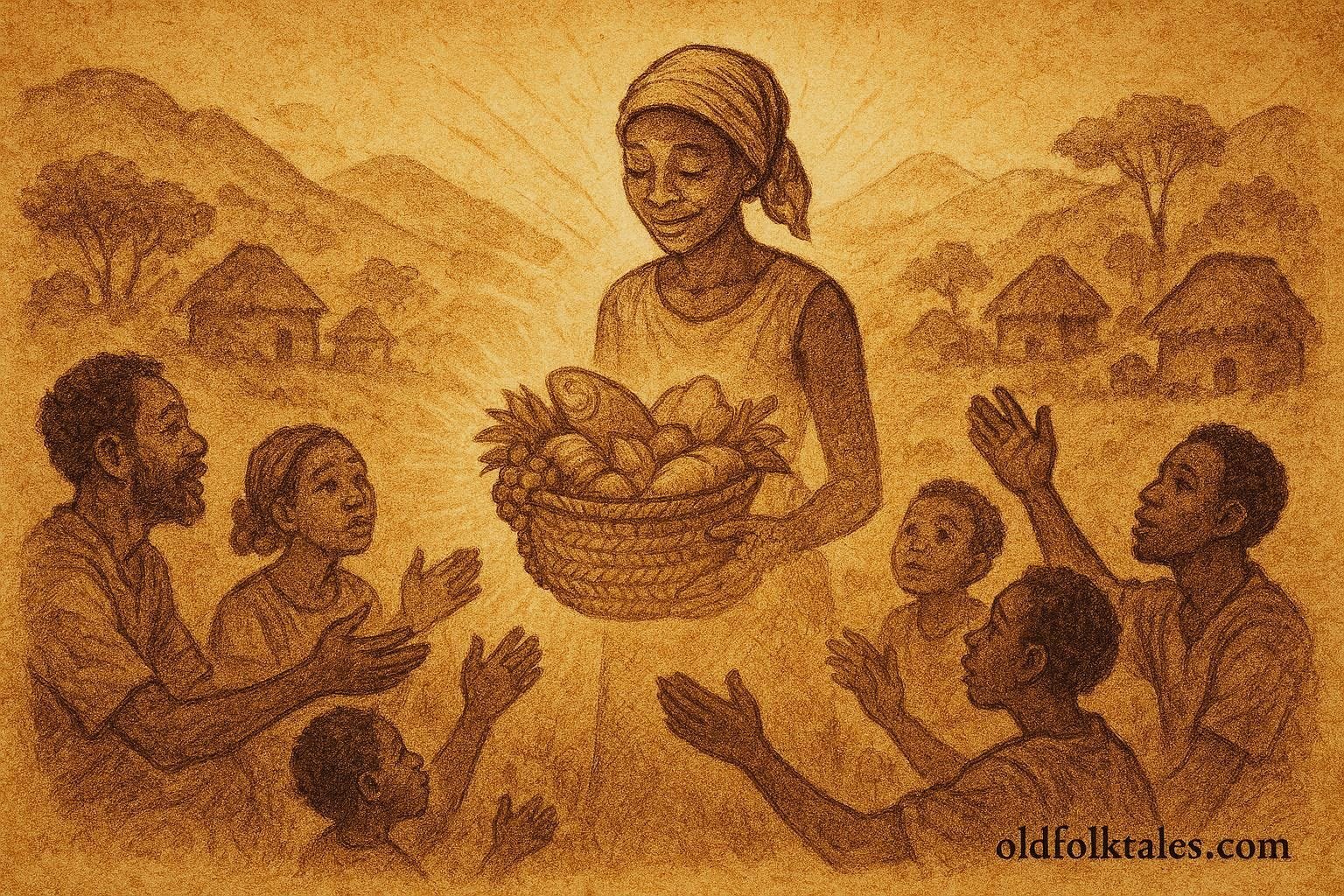 An illustration of magical basket of food shared among Burundian villagers.