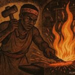 A traditional African blacksmith shaping iron at a glowing forge