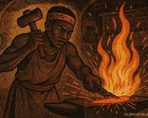 A traditional African blacksmith shaping iron at a glowing forge