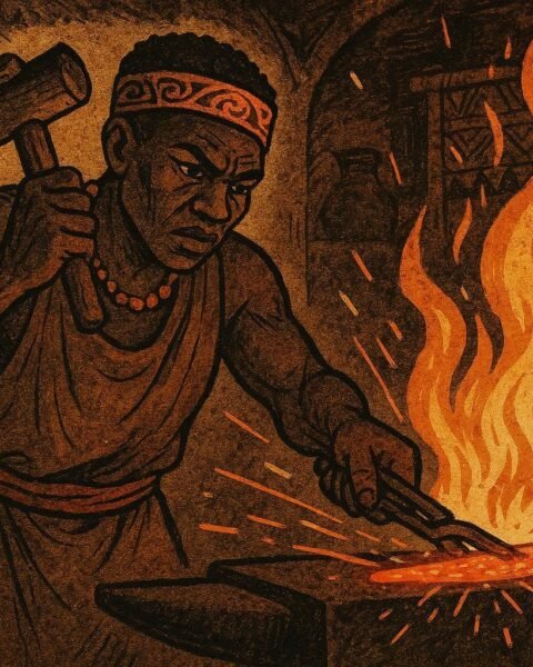 A traditional African blacksmith shaping iron at a glowing forge