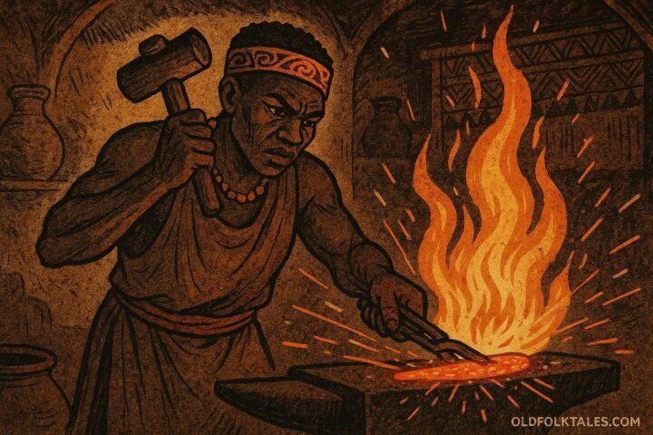 A traditional African blacksmith shaping iron at a glowing forge