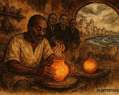 An illustration of blind potter shaping voice-filled clay vessels in Safi, Moroccan folktale scene.