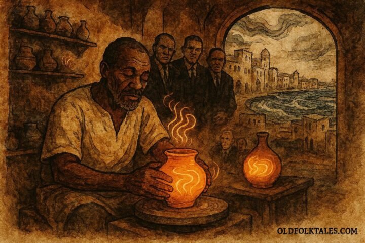 An illustration of blind potter shaping voice-filled clay vessels in Safi, Moroccan folktale scene.
