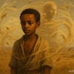 A boy speaking to wind spirit across Ethiopian plains in folktale scene.