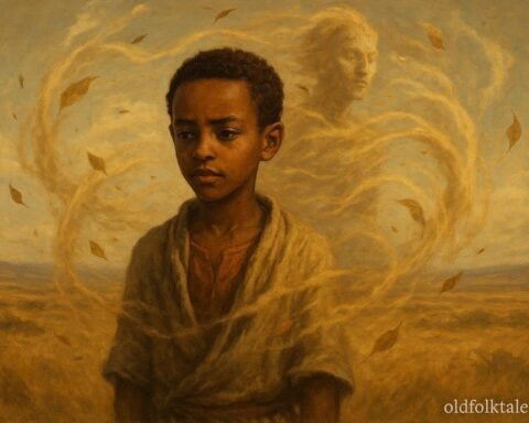 A boy speaking to wind spirit across Ethiopian plains in folktale scene.
