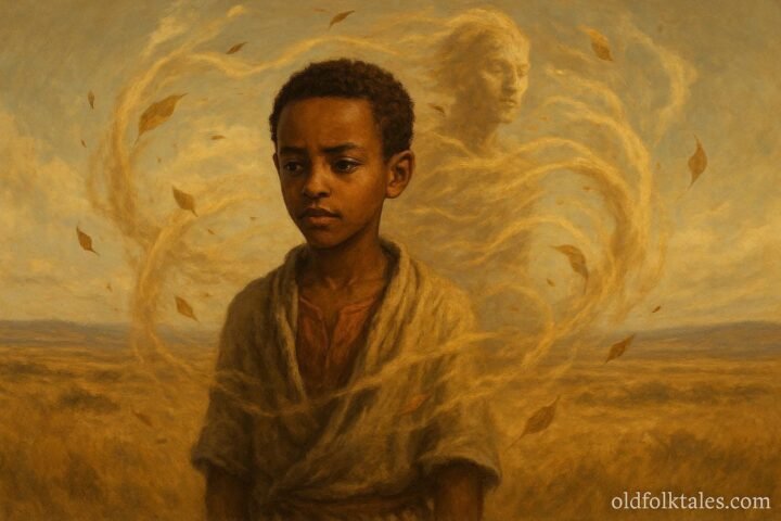 A boy speaking to wind spirit across Ethiopian plains in folktale scene.
