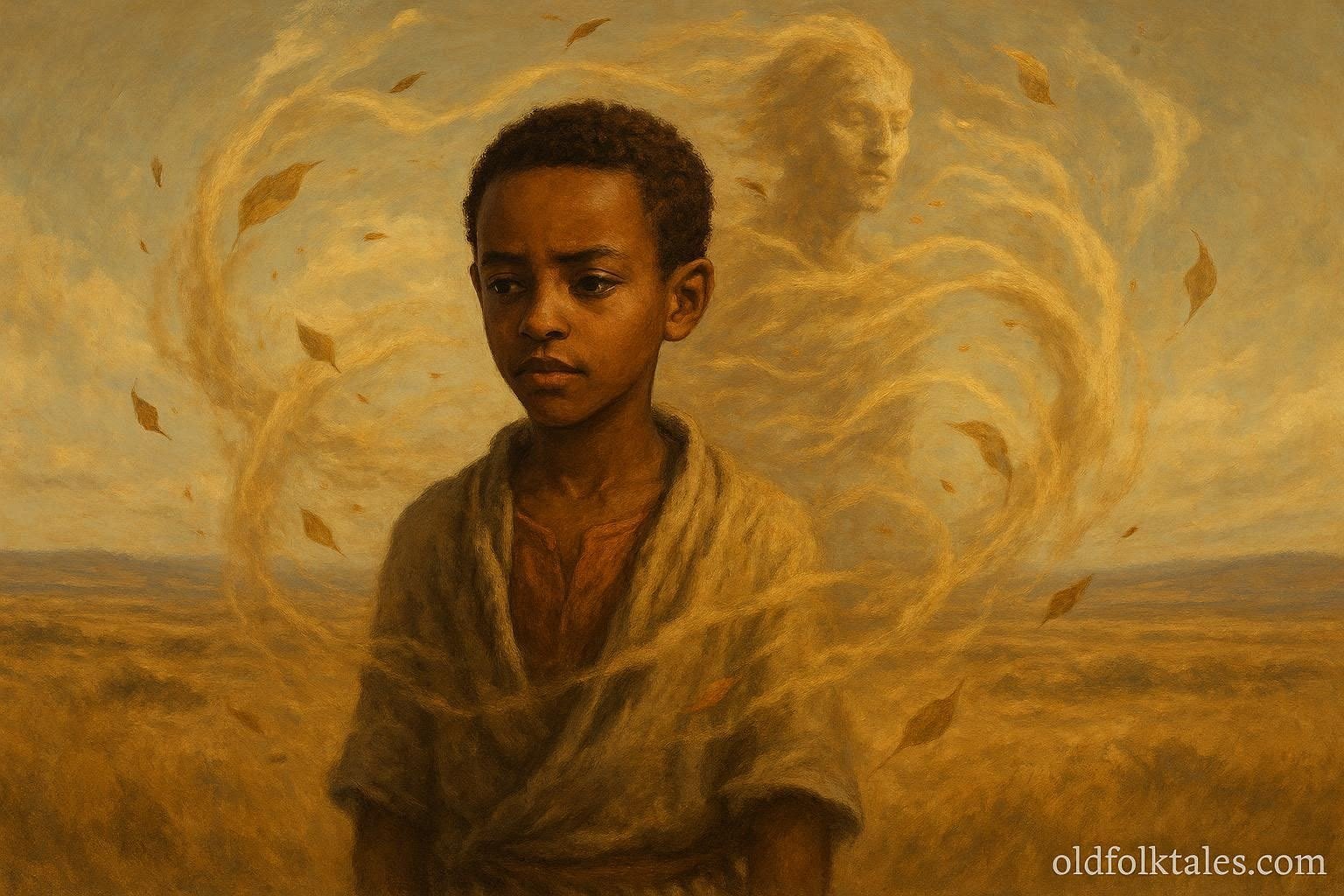The Boy Who Befriended the Wind FolktalesAfricacom | FolktalesAfrica.com A boy speaking to wind spirit across Ethiopian plains in folktale scene.