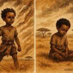 An illustration of Somali boy facing powerful wind in open landscape.