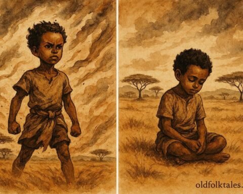 An illustration of Somali boy facing powerful wind in open landscape.
