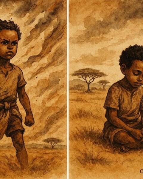 An illustration of Somali boy facing powerful wind in open landscape.