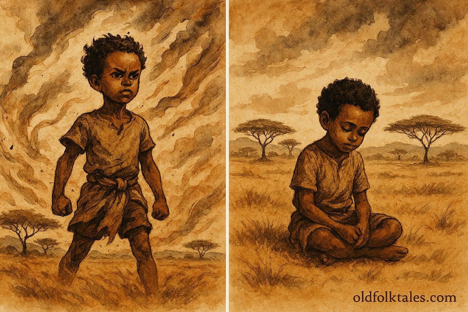 An illustration of Somali boy facing powerful wind in open landscape.