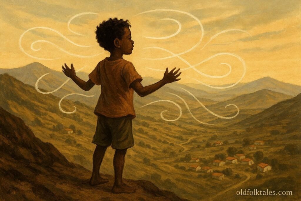A boy on Eritrean hill speaking to wind connecting distant villages.