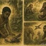 An illustration of Ugandan boy hearing animal language in forest after saving bird.