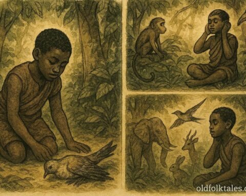 An illustration of Ugandan boy hearing animal language in forest after saving bird.