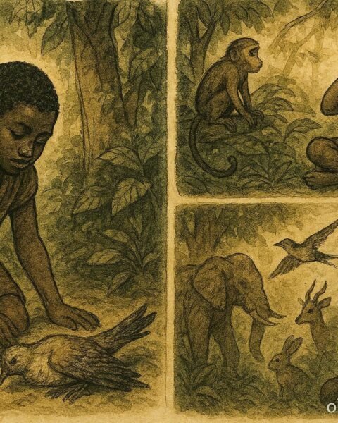 An illustration of Ugandan boy hearing animal language in forest after saving bird.