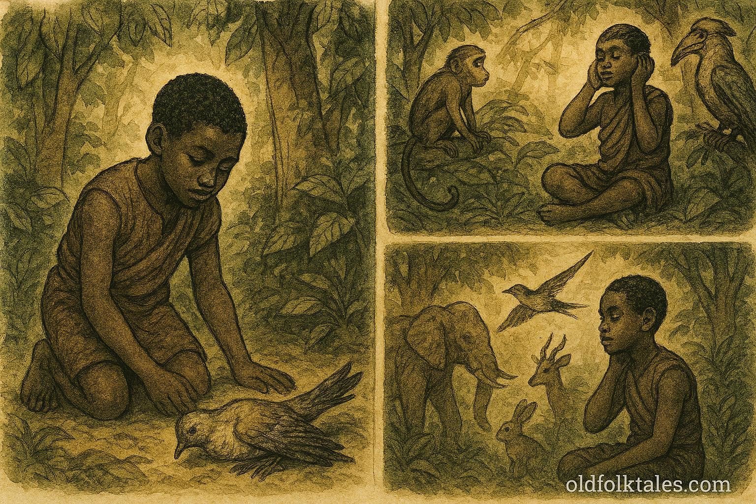 An illustration of Ugandan boy hearing animal language in forest after saving bird.