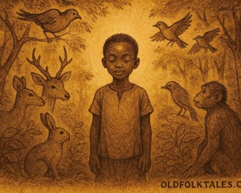 An illustration of boy communicating with forest animals in Burundian woodland.