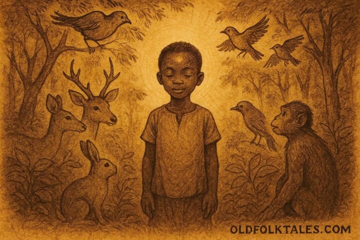 An illustration of boy communicating with forest animals in Burundian woodland.