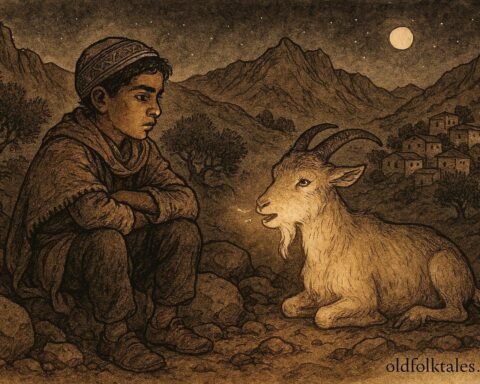 An illustration of Kabyle boy and speaking goat revealing hidden land truth in mountains.