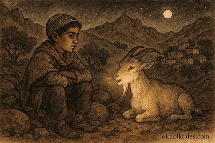 An illustration of Kabyle boy and speaking goat revealing hidden land truth in mountains.
