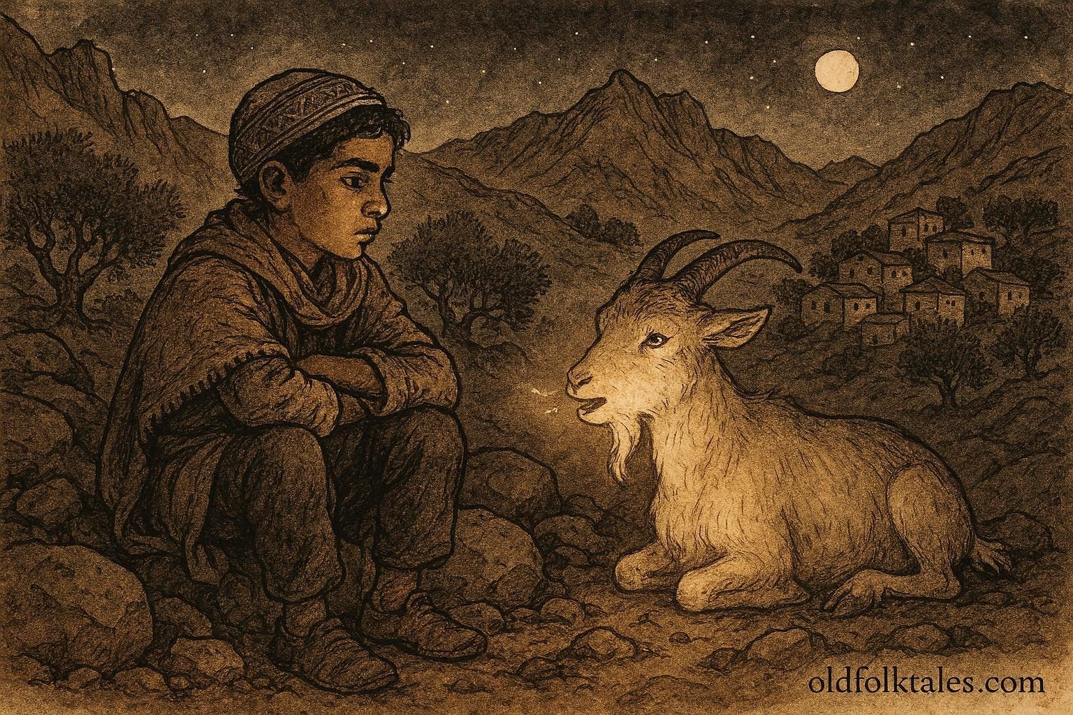 An illustration of Kabyle boy and speaking goat revealing hidden land truth in mountains.
