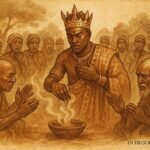 illustration of a king restoring sacred rituals after breaking taboo, Burundian folktale scene