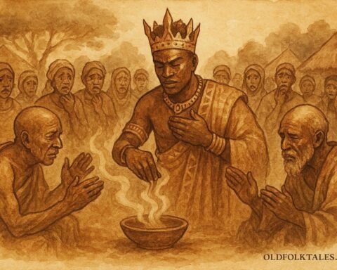 illustration of a king restoring sacred rituals after breaking taboo, Burundian folktale scene