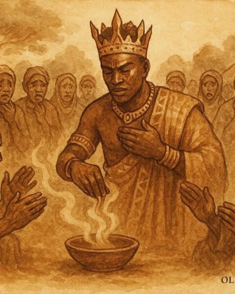 illustration of a king restoring sacred rituals after breaking taboo, Burundian folktale scene