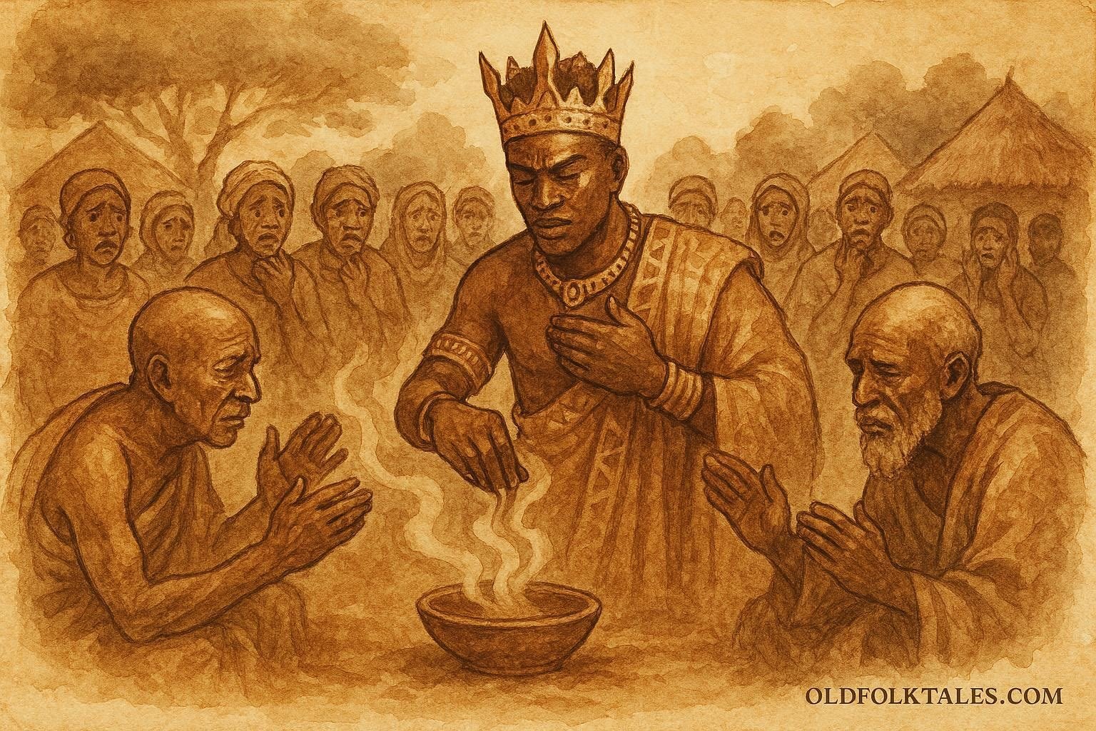 illustration of a king restoring sacred rituals after breaking taboo, Burundian folktale scene